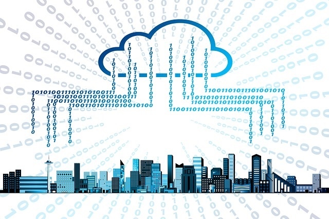 Illustration of a cloud in the sky with lines of code reaching down to a city skyline