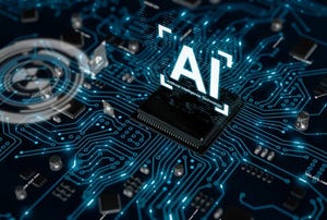 The words AI over a processor chip on a circuit board.