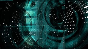 Concept art, computer code and camera lenses in glowing light green arcs on black background Concept art, computer code and camera lenses in glowing light green arcs on black background