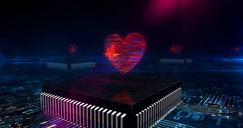 A digital red heart floating over digital hardware