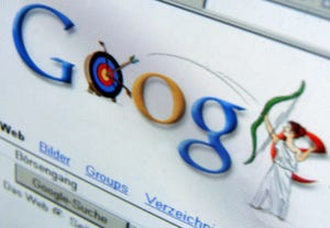 The google search bar on a monitor screen. The "l" is replaced by a woman holding a bow and shooting an arrow at the "o"