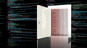 A white door opened to show lines of computer code against a black background of more computer code A white door opened to show lines of computer code against a black background of more computer code