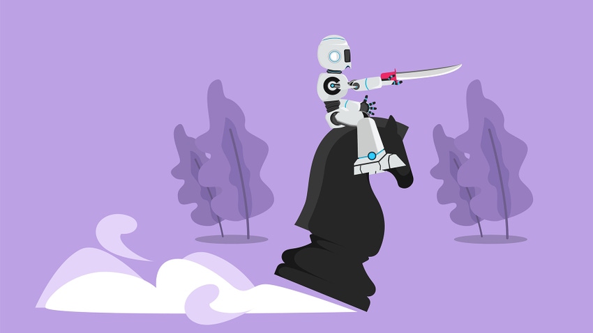 2D drawing of robot with sword riding a black knight chess piece