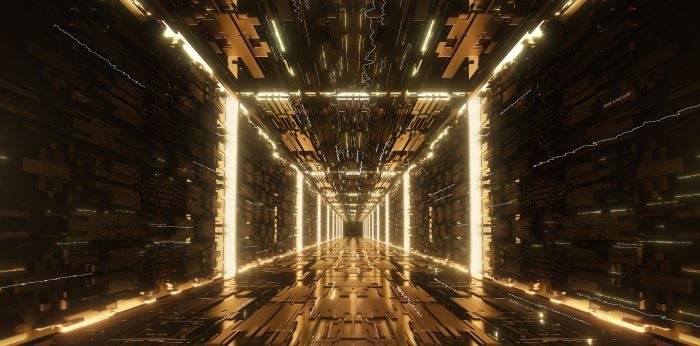 gold digital futuristic neon tunnel