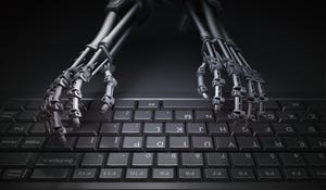 Robot skeleton hands typing on a computer keyboard