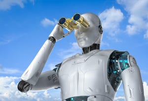 3d rendering robot with binoculars on blue sky background