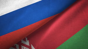 Closeups of Belarus and Russia's flags next to each other. Closeups of Belarus and Russia's flags next to each other.