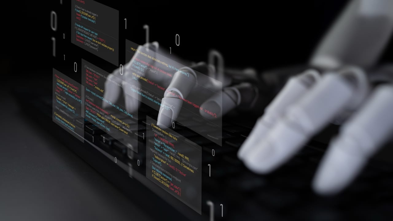 機械的なAIの手がコードを入力している 機械的なAIの手がコードを入力している