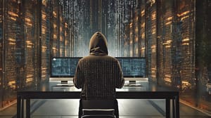 Hacker sitting at multiple computer screens; code is projected on his back and the sides and front of the image Hacker sitting at multiple computer screens; code is projected on his back and the sides and front of the image