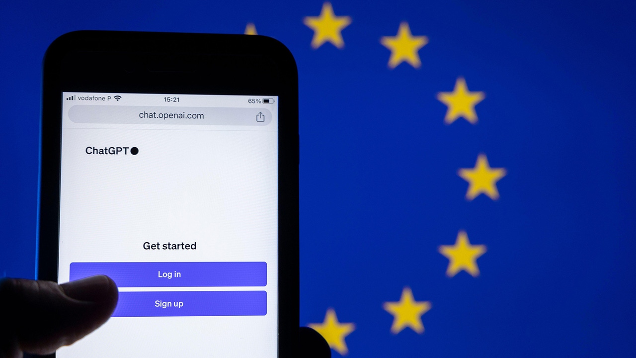 Smartphone screen with ChatGPT Login webpage with European flag on the background Smartphone screen with ChatGPT Login webpage with European flag on the background