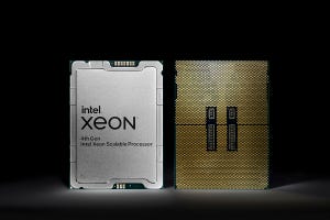 Closeup photo of Intel Xeon 4th Generation scalable processor CPU, front and back, against black background