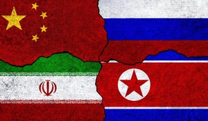 Flags of China, Iran, Russia, and North Korea