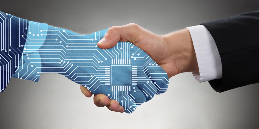A handshake between a businessman made of person and a businessman made of blue circuitry