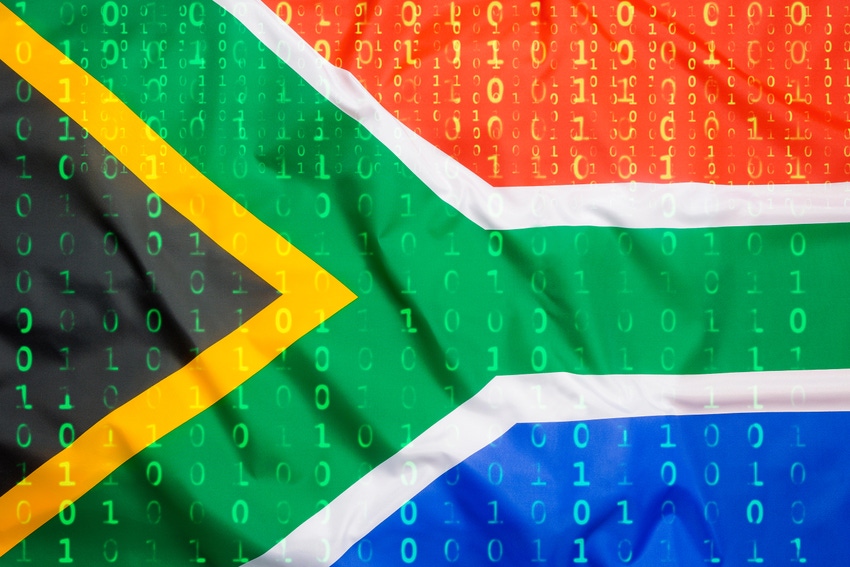The South African flag with binary code on top of it