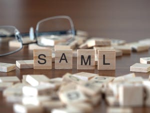 acronym saml for Security Assertion Markup Language concept represented by wooden letter tiles