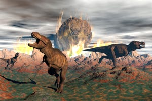 Tyrannosaurus Rex dinosaurs escaping the heat and fire of a big meteorite crash.