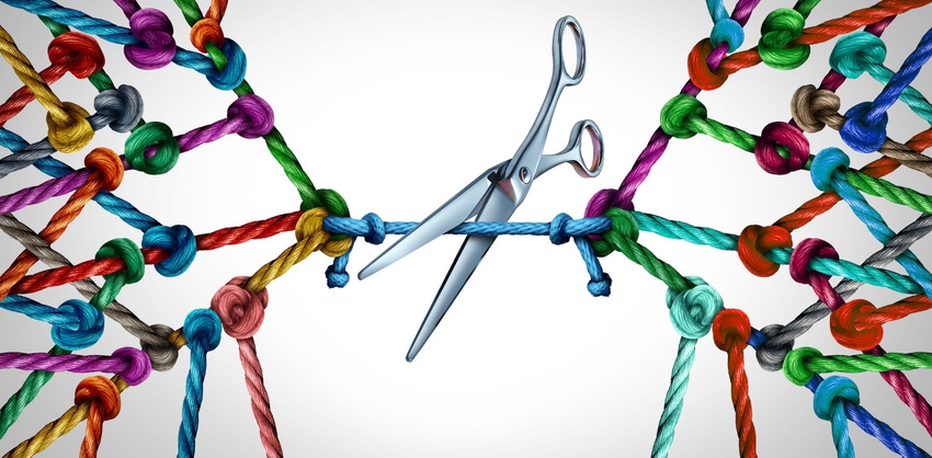 Scissors cutting multicolored rope