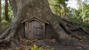 A small doorway in a tree trunk in the forest A small doorway in a tree trunk in the forest
