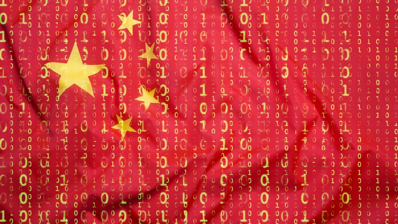 The Chinese flag with gold binary code overlayed on top of it The Chinese flag with gold binary code overlayed on top of it