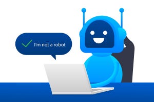 Illustration of a smiling robot sitting at a computer, checking off the box that says "I'm not a robot"