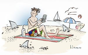 Need a caption for cartoon of man at beach sitting on towel and holding phone while 3 shark fins circle him in the sand