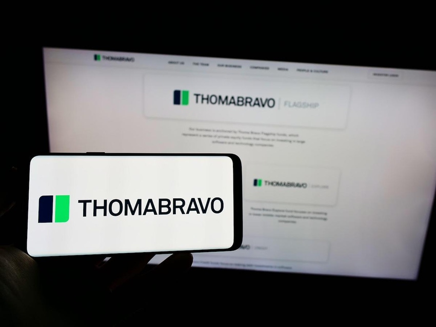 Photo of Thoma Bravo logo on a mobile phone and computer screen.
