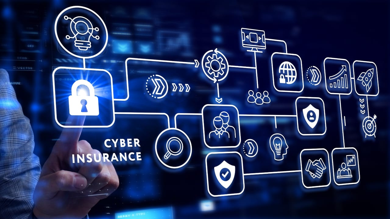 サイバー保険に関連するアイコン、左下にCYBER INSURANCEの文字 サイバー保険に関連するアイコン、左下にCYBER INSURANCEの文字