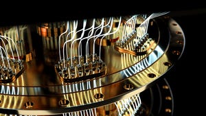 A closeup photo of a quantum computer, which looks like a gold-plated chandelier