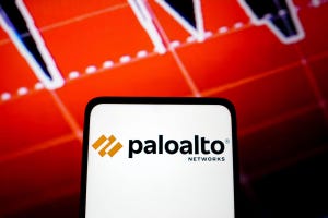 Palo Alto Networks logo on a smartphone with a red background behind the phone