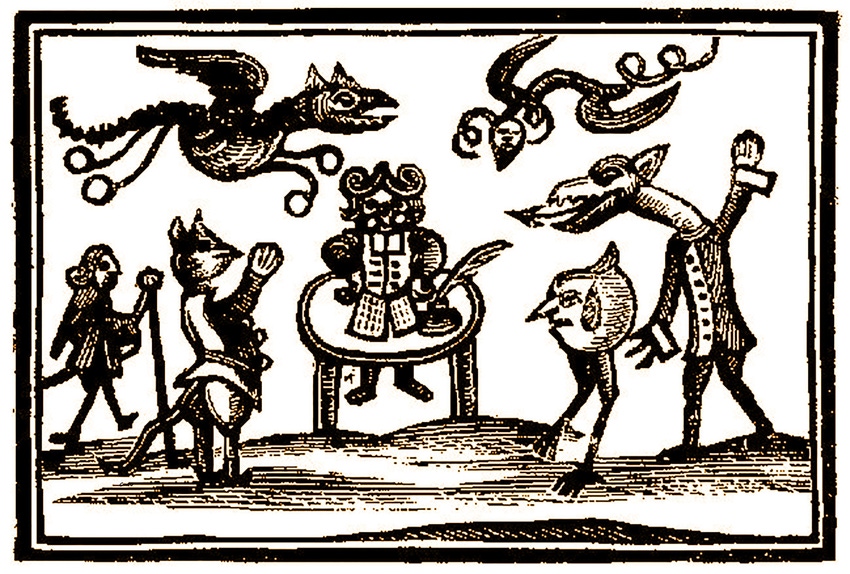 A very early woodcut engraving showing gremlins, dragons, goblins and other magical creatures having been called by a wizard