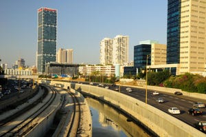 Cityscape of modern Tel Aviv with Ayalon highway view