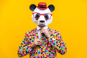 Person in panda mask and colorful suit adjusting their tie Person in panda mask and colorful suit adjusting their tie