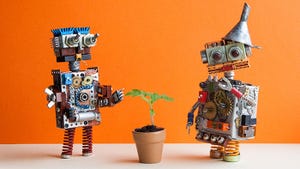 Comical two robots and green plant with an orange wall background