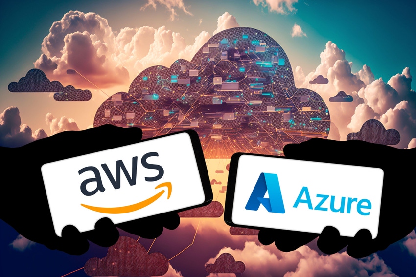 AWS and Azure logos on a digital background of a cloud