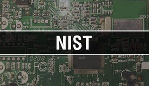 "NIST" in white type on a black stripe, over a digital background