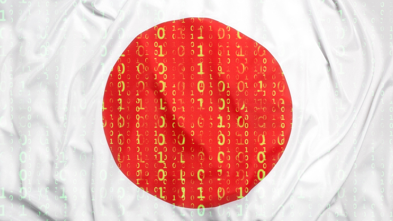 The Japanese flag overlaid with binary code  The Japanese flag overlaid with binary code