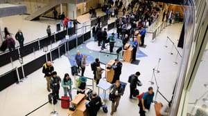 Airport passenger security line, awaiting TSA inspection in the Seattle-Tacoma International Airport Airport passenger security line, awaiting TSA inspection in the Seattle-Tacoma International Airport