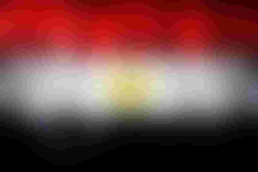 Egypt flag with binary code running vertically and hooded figures in the background