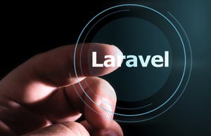 Finger pressing Laravel button on virtual screens. Laravel PHP Framework programming language.