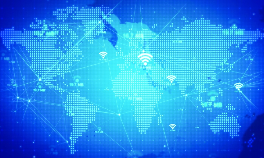 World map with Wi-Fi logos and connection lines