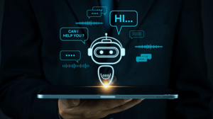 A graphic of a robot hovering over a laptop with thought bubbles saying "Hi" and "Can I help you?" A graphic of a robot hovering over a laptop with thought bubbles saying "Hi" and "Can I help you?"