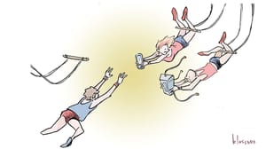 A trapeze artist releasing a trapeze while two other trapeze artists are holding phones and other electronics. A trapeze artist releasing a trapeze while two other trapeze artists are holding phones and other electronics.