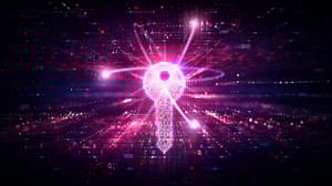 A glowing purple and pink key, with dots and numbers in the background A glowing purple and pink key, with dots and numbers in the background