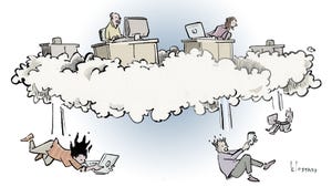Come up with caption to describe scene of workers at desks on top of a cloud and 3 workers falling while using laptop, phone and tablet