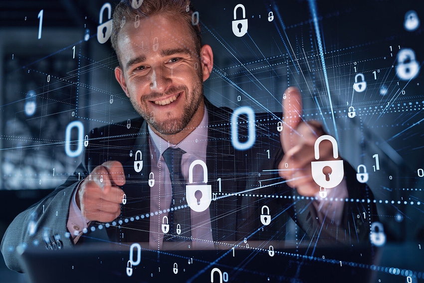 A grinning blond businessman points finger guns at security icons