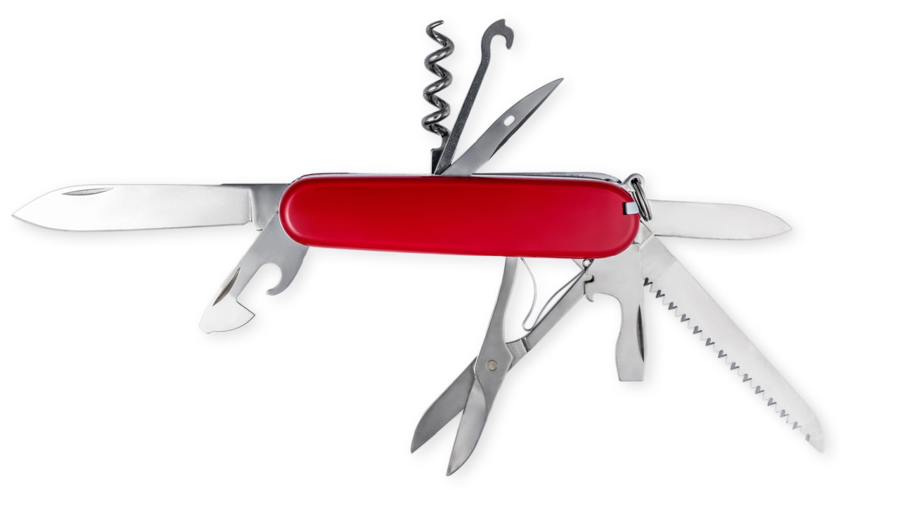 Multifunction army pocket knife on white background