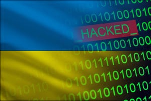 The Ukrainian flag with green binary code running over top of it, some of it reading the word "hacked"