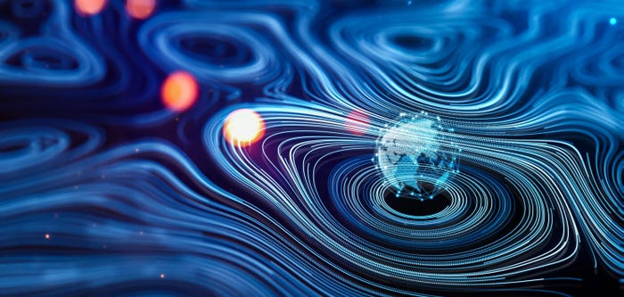 Illustration of an Earth model sitting in a data flow pattern Illustration of an Earth model sitting in a data flow pattern