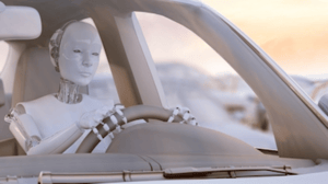 Humanoid robot behind the wheel of a car driving against a sunset landscape background Humanoid robot behind the wheel of a car driving against a sunset landscape background