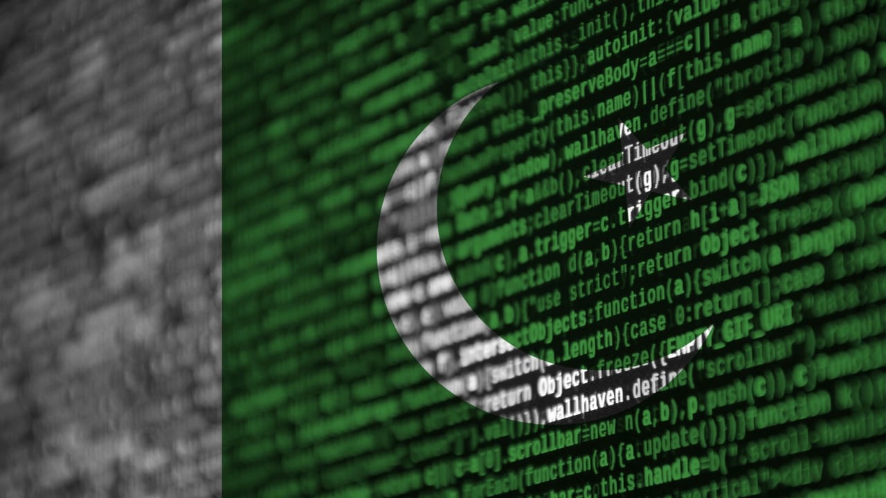 The Pakistan flag depicted on a computer screen with program code. The Pakistan flag depicted on a computer screen with program code.